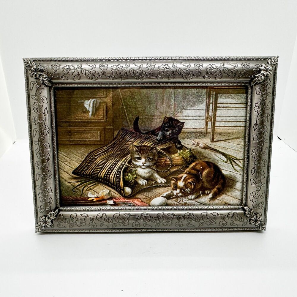 Vintage Metal Framed Postcard Cat Kittens Art